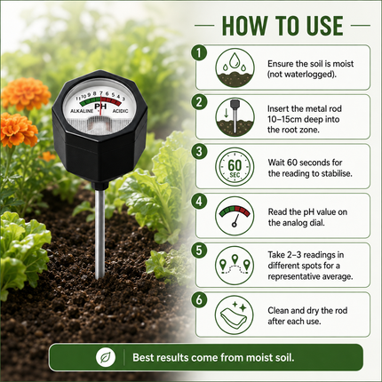 Soil pH Meter with Rod — Portable Analog Tester, Battery-Free