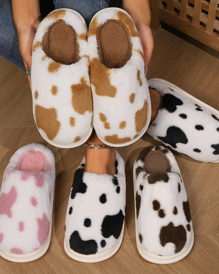 Adorable Cow Print Plush Slippers for Couples - Cozy Non-Slip Fuzzy House Shoes for Winter