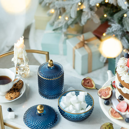 Room & Decor S2 Blue Gold Glass Candy Jar with Lid - Christmas Decor