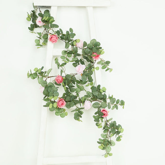 AliKopy 6ft Eucalyptus Garland with Blush Silk Roses & Durable Design