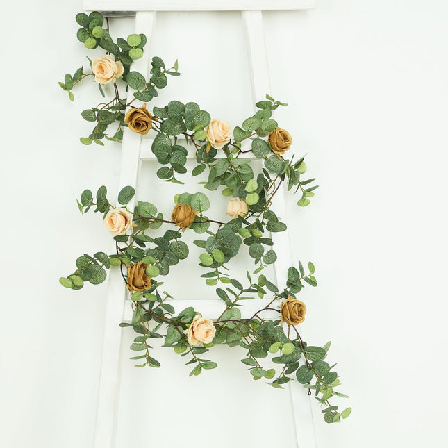 AliKopy 6ft Artificial Eucalyptus Garland with Cream/Gold Roses, UV Re