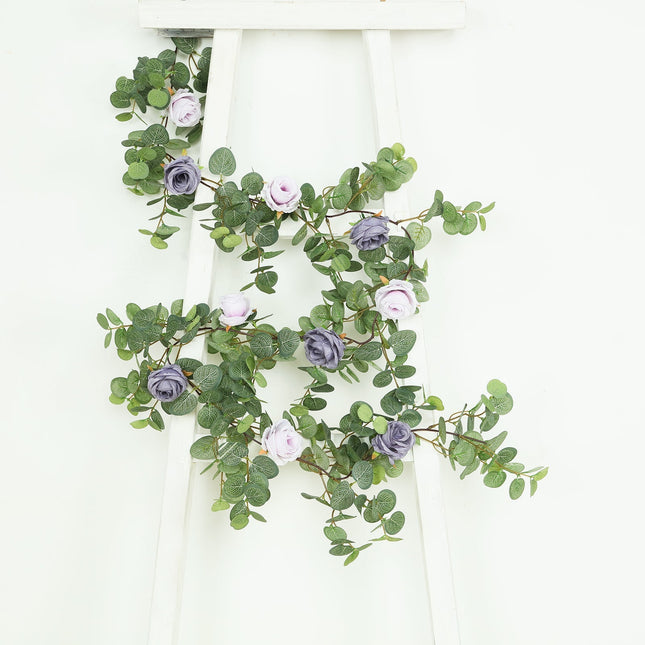 Très Elite 6ft Eucalyptus Garland with Lavender Silk Roses - Faux Gree
