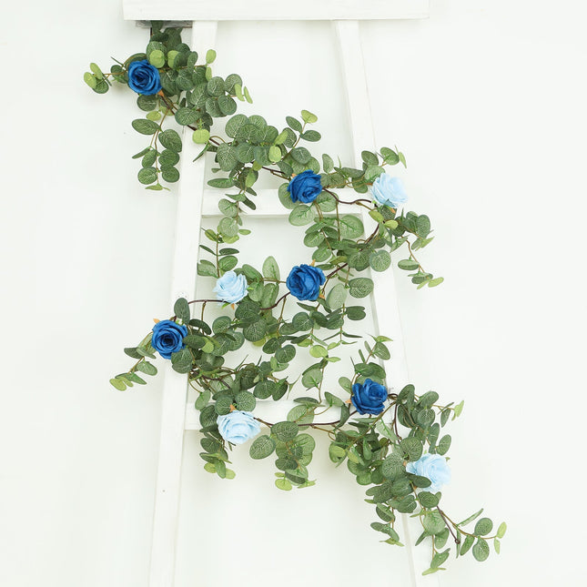 AliKopy 6ft Eucalyptus Garland with Royal & Light Blue Silk Roses
