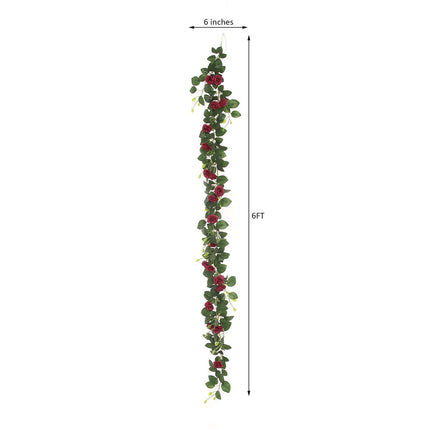 AliKopy 6ft Burgundy Silk Rose Garland - Realistic Hanging Vine Decor