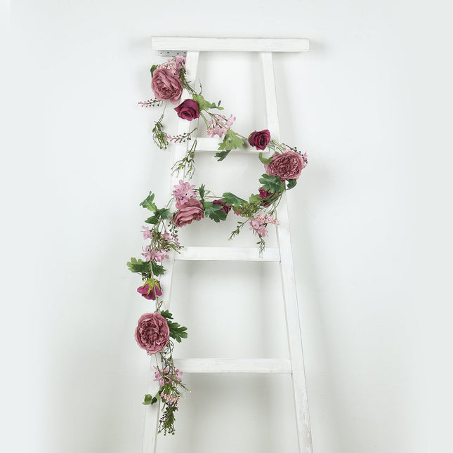AliKopy 6ft Dusty Rose Silk Peony Garland with Mixed Greenery, Artific