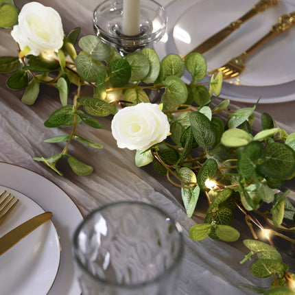 AliKopy 6ft Lighted Eucalyptus Garland with Ivory Roses & Fairy Lights