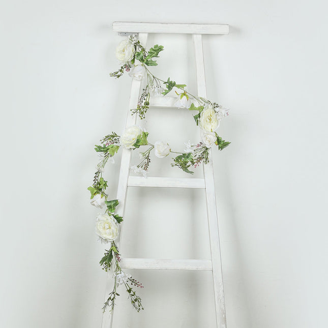 AliKopy 6ft White Silk Rose Peony Garland - Artificial Floral Vine