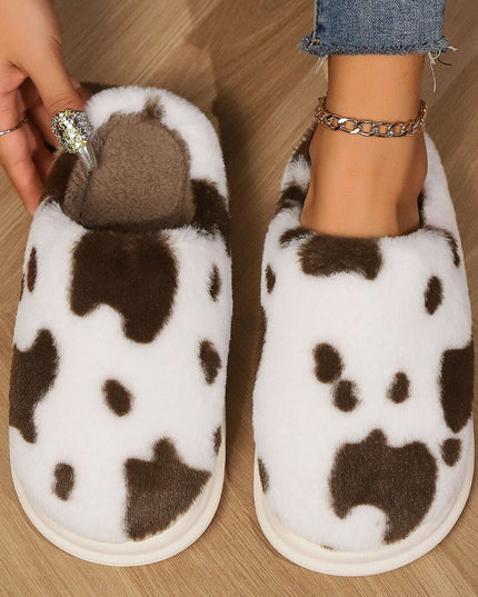 Adorable Cow Print Plush Slippers for Couples - Cozy Non-Slip Fuzzy House Shoes for Winter