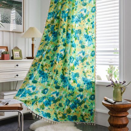 Peekaboo Studio Garden Flower Print Yellow Semi-Sheer Kitchen Curtain