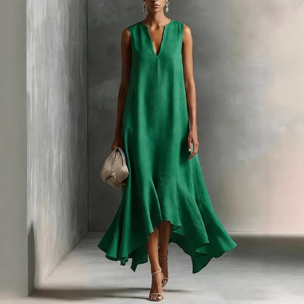 Elegant Deep V-Neck Sleeveless Asymmetrical Hemline Maxi Dress