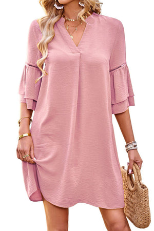 Plain Split V Neck Ruffled Half Sleeve Casual Tunic Dress-Short Dresses-Très Elite-Pink-S-Polyester-Très Elite