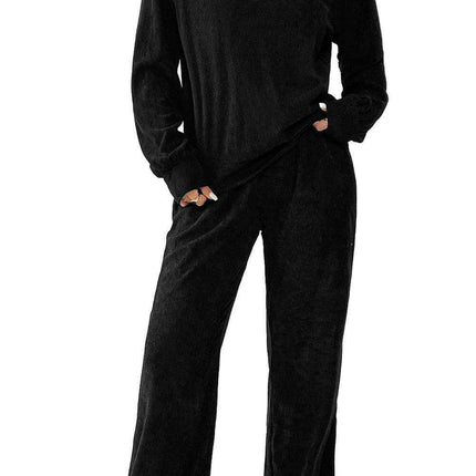 Elegant Black Corduroy High Neck Twin Set with Flared Trousers