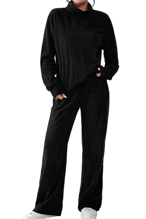 Black Solid Color Corduroy High Neck Top and Pants Two Piece Set