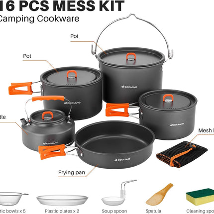 Odoland Camping Cookware Set 16 Pcs Hanging Pot Pan Kettle With Plates