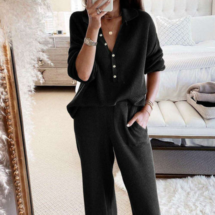 Elegant Black Ribbed Lounge Set with Henley Collar - Perfect Blend of Style and Comfort