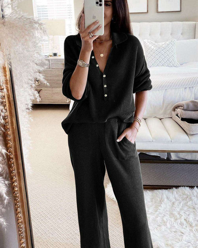 Elegant Black Ribbed Lounge Set with Henley Collar - Perfect Blend of Style and Comfort