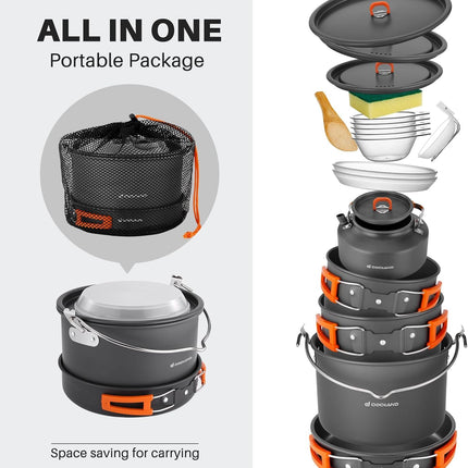 Odoland Camping Cookware Set 16 Pcs Hanging Pot Pan Kettle With Plates