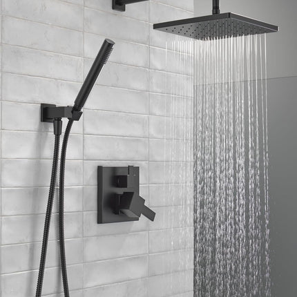 Delta Modern 14 Matte Black Rain Shower System – 10" Head & Va