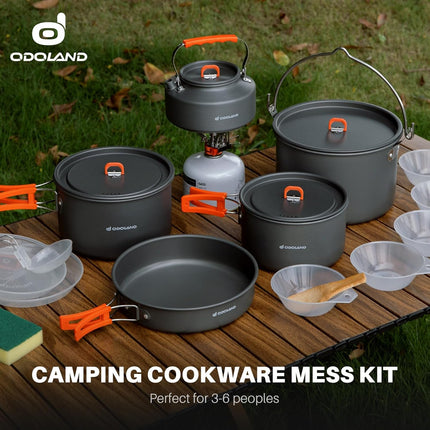 Odoland Camping Cookware Set 16 Pcs Hanging Pot Pan Kettle With Plates