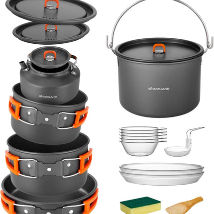 Odoland Camping Cookware Set 16 Pcs Hanging Pot Pan Kettle With Plates