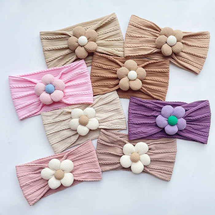 Flower-Embellished Nylon Hairband for Girls - Soft Elastic Turban Headwear for Newborns and Kids
