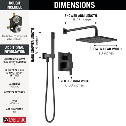 Delta Modern 14 Matte Black Rain Shower System – 10" Head & Va