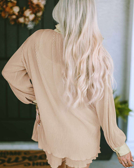 Apricot Pleated Lounge Set: Elegant Long Sleeve Top & Shorts Outfit