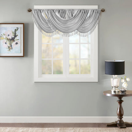 Room and Decor Faux Silk Waterfall Valance, Embellished, Silver 38x46
