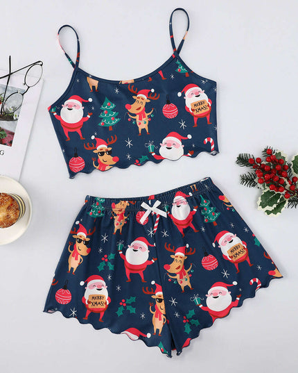 Christmas European And American Thin Pajamas Women's Sleeveless Shorts Milk Silk Simple Casual Two-piece Suit Homewear