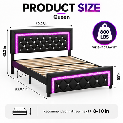 Shop1105673279 Queen Bed Frame, Upholstered, LED Lights, No Box Spring Platform Beds & Bed Frames queen-bed-frame-with-led-lights-upholstered-platform-bed-diamond-tufted-headboard-no-box-spring-needed-black