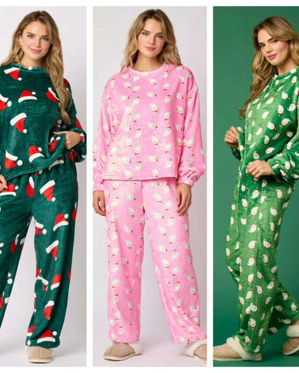 Casual Flannel Pajama Sets For Women 2 Piece Cute Long Sleeve Matching Lounge Shirts Sets Santa Claus Pajamas Homewear