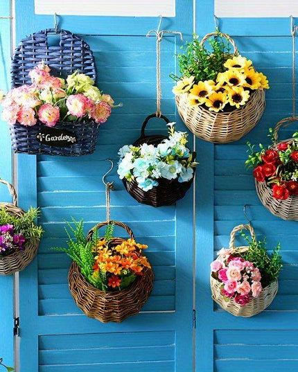 Rustic Blue Rattan Flower Wall Basket for Real or Faux Blooms