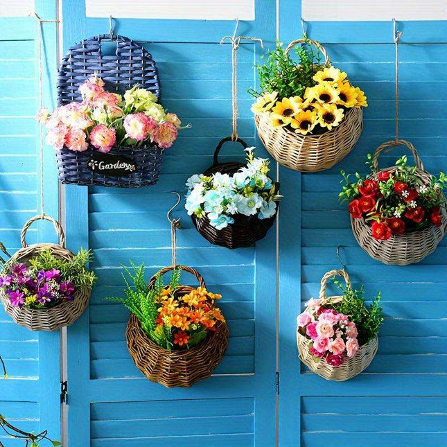 Rustic Blue Rattan Flower Wall Basket for Real or Faux Blooms