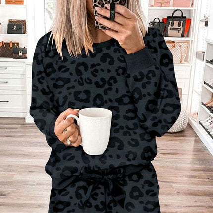 Chic Gray Leopard Satin Lounge Ensemble: Comfortable Two-Piece Homewear for Stylish Relaxation
