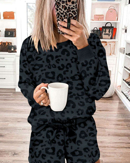 Chic Gray Leopard Satin Lounge Ensemble: Comfortable Two-Piece Homewear for Stylish Relaxation