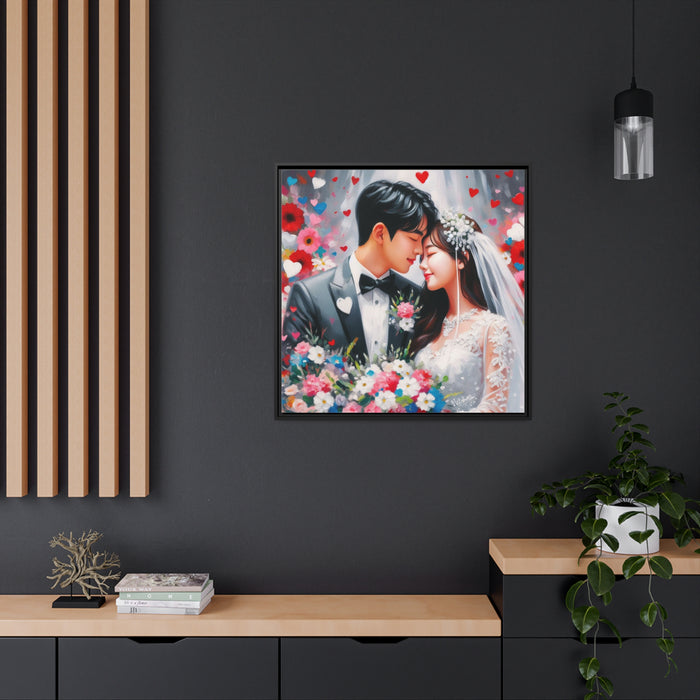 Elegant Wedding Couple Canvas Art with Black Pinewood Frame