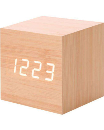 Sophisticated Voice-Activated LED Clock with Wood Grain Finish and Temperature Display