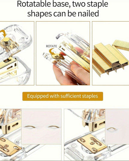 Elegant Golden Acrylic Office Accessory Set with Stapler, Tape Dispenser, Scissors, and 1000 Staples