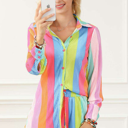 Colorful Crinkle Shirt and Shorts Ensemble with Playful Rainbow Stripes