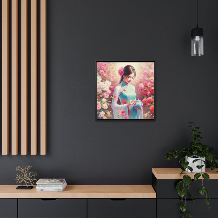 Elegant Ao Dai Girl Matte Canvas Print - Sustainable Pinewood Frame