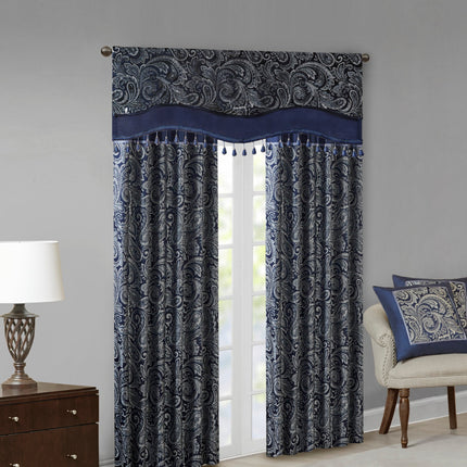 Room & Decor Navy Jacquard Window Valance with Beads, 50x18