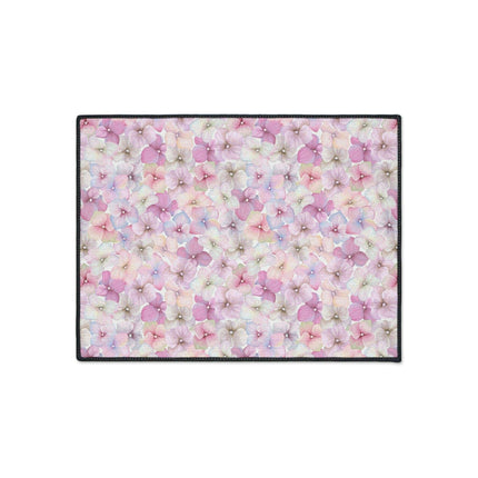 Chic Customizable Blue Daisy Floor Mat with Elegant Black Edging