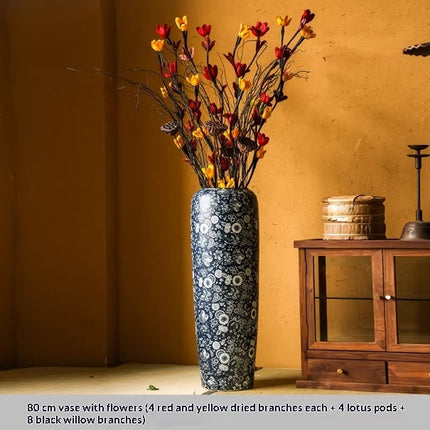 Blue And White Floor Vase Ceramic Tea Rooms Arrangement With Artificial Flowers