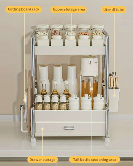 Elegant Milk White Stainless Steel Spice Organizer with Drawers, Chopping Board, and Utensil Holder for Home and Commercial Kitchens