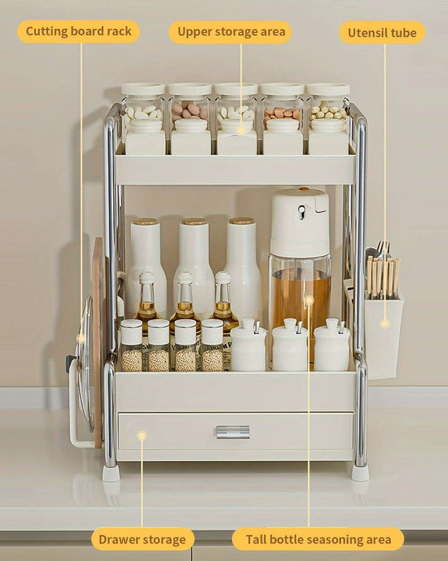Elegant Milk White Stainless Steel Spice Organizer with Drawers, Chopping Board, and Utensil Holder for Home and Commercial Kitchens