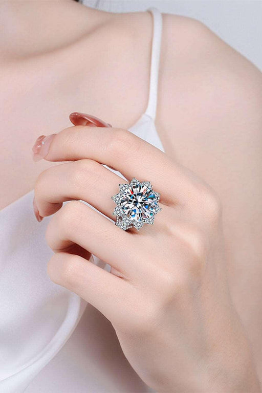 Radiant Sterling Silver Moissanite Flower Ring - Elegant Rhodium-Plated Jewelry