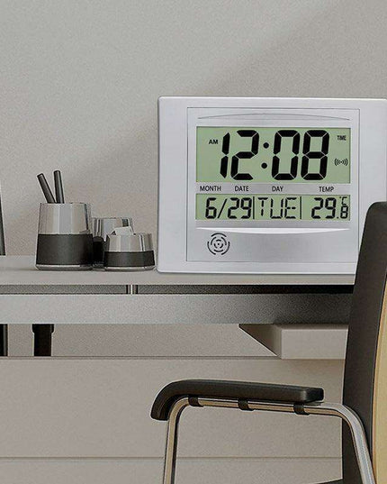 Elegant Atomic Digital Wall Clock with Calendar, Temperature Readout, and Alarm Feature