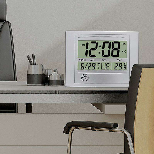 Elegant Atomic Digital Wall Clock with Calendar, Temperature Readout, and Alarm Feature