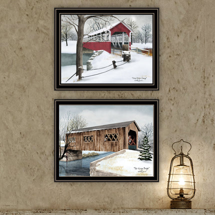 Billy Jacobs 2-Piece Winter Covered Bridges Wall Art - Black Framed, M