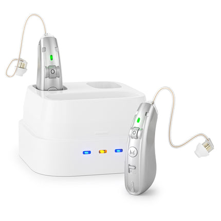 Intelligent Noise Reduction Hearing Aid — 12hr, USB, Silver & Skin Tone | Très Elite